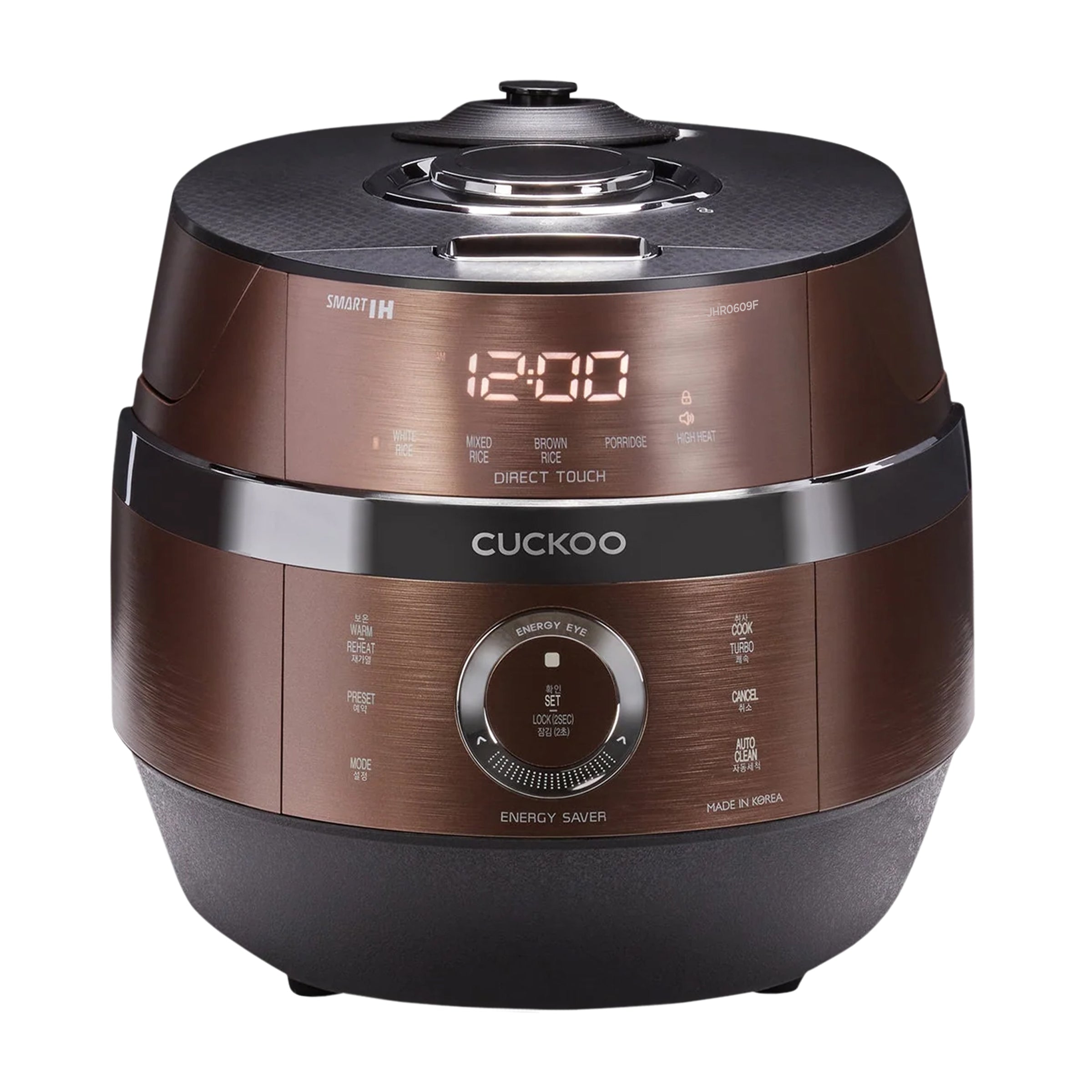 A brown and black 6-Cup IH Pressure Rice Cooker with a digital display and touch controls. (CRP-JHR0609F)
