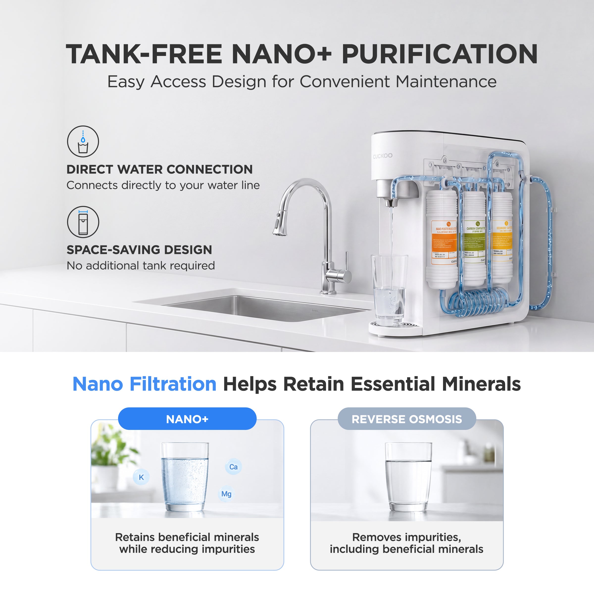 A tank-free nano purification water filter system. The product is mostly white and clear. Nano filtration helps retain essential minerals.