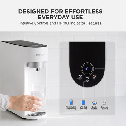 A white Cuckoo water dispenser with a hand holding a glass under the spout, shown next to an inset diagram of its black control panel with indicator icons and text reading 'Designed for effortless everyday use.'.