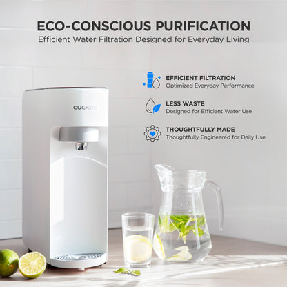 Text at the top reads 'ECO-CONSCIOUS PURIFICATION' with feature callouts about efficient filtration, less waste, and thoughtful engineering.