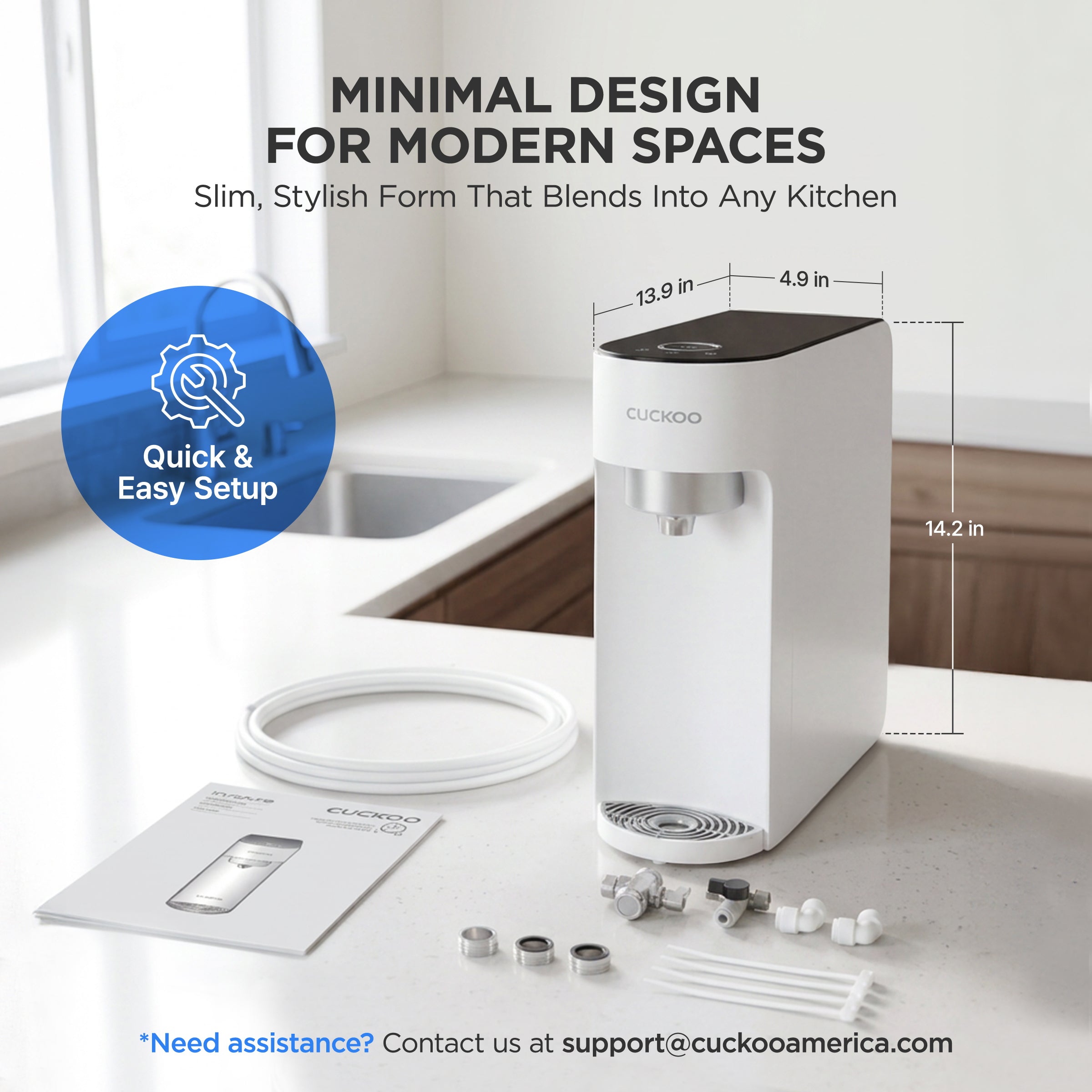 A slim, white Cuckoo water purifier measuring 13.9 by 4.9 by 14.2 inches, sitting on a kitchen counter with its included installation accessories. The image features text highlighting its minimal design, quick setup, and customer support contact information.
