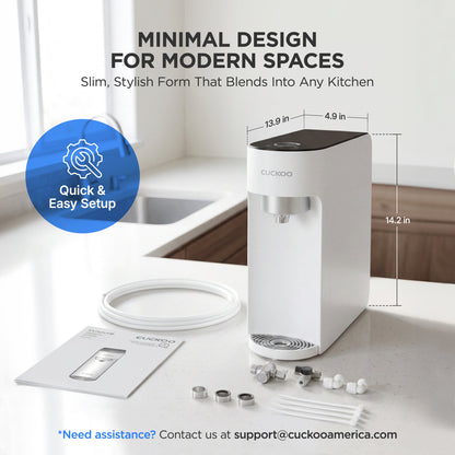 A slim, white Cuckoo water purifier measuring 13.9 by 4.9 by 14.2 inches, sitting on a kitchen counter with its included installation accessories. The image features text highlighting its minimal design, quick setup, and customer support contact information.